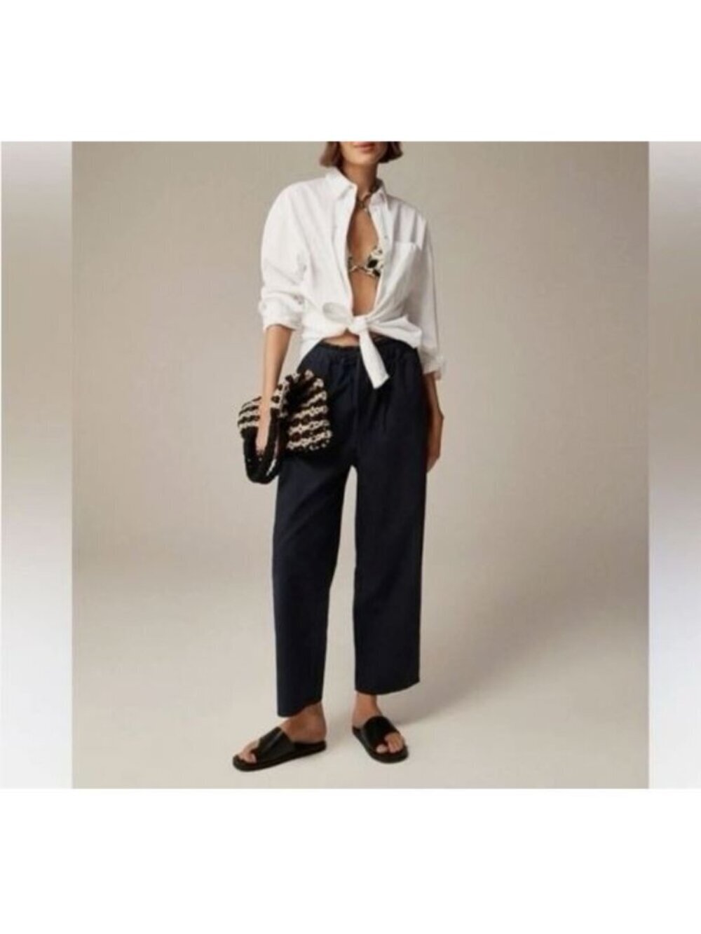 J Crew Pants Womens Medium Navy Blue Drawstring Waist Cotton Linen Beachy Boho